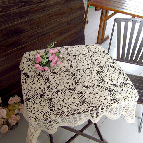 Hsvanyr 39inches Beige Tablecloth Handmade Crochet Cotton Square Coffee Table Cover Doilies Couch Back Covers Kitchen Dining Room Restaurant Party...