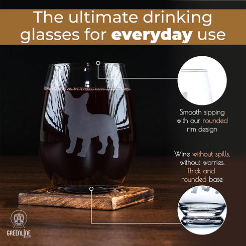 Greenline Goods French Bulldog Stemless Wine Glasses (One Glass) - Frenchie Dog Lovers Gifts for Him and Her - Hand Etched 2-Sided Silhouette with...