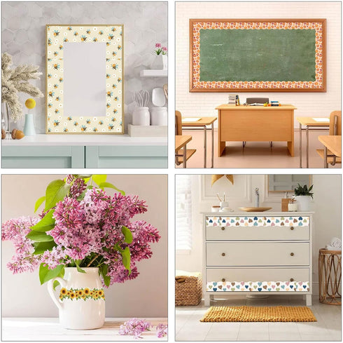 CRASPIRE 6 Style Flower Bulletin Board Border Stickers 68.86ft Classroom Boho Floral Plaid Retro Hawaii Self-adhesive Scalloped Die Cut Borders Tr...