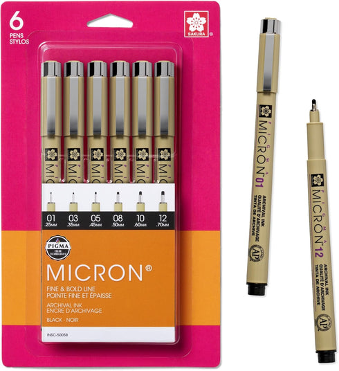 SAKURA Pigma Micron Fineliner Pens - Archival Black Ink Pens - Pens for Writing, Drawing, or Journaling - Assorted Point Sizes - 6 Pack...