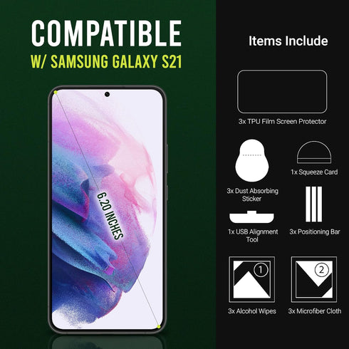 3 Pack 6.2” TPU Film Screen Protector for Samsung Galaxy S21 5G with 3x Cleaning Kits, Self-Healing, Impact Protection, Maximum Coverage, Case Com...