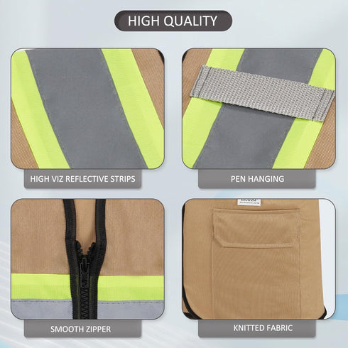 High Visibility Reflective Safety Vest with Zipper and Pockets Khaki,L...