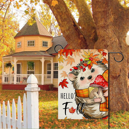Hello Fall Hedgehog Decorative Garden Flag, Autumn Maple Leaves Mushroom Yard Outside Home Decorations, Seasonal Burlap Outdoor Small Decor Double...