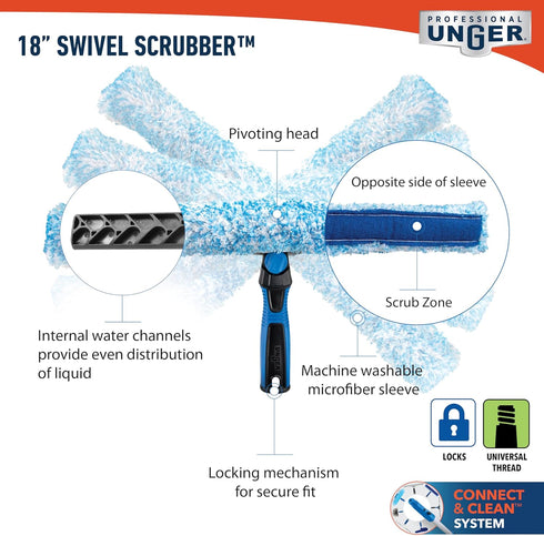 Unger Professional 18" Swivel Window Scrubber Washer for Glass and Window Cleaning, Commercial & Residential Use, Microfiber Sleevee with Scrub Zo...