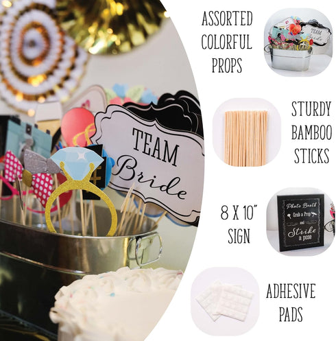 Wedding Photo Booth Props with 8 x 10-Inch Sign, 45 Adhesive Pads, 35 Wooden Sticks - Signs for Wedding Backdrop and Selfie Station...