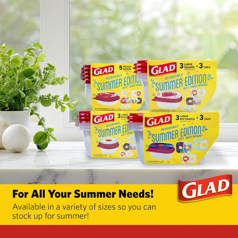 Glad Food Storage Containers, GladWare Summer Edition with Reversible Lid Inserts – 3 Ct Large Round Containers & Lids, 48oz Microwave-Safe, Freez...