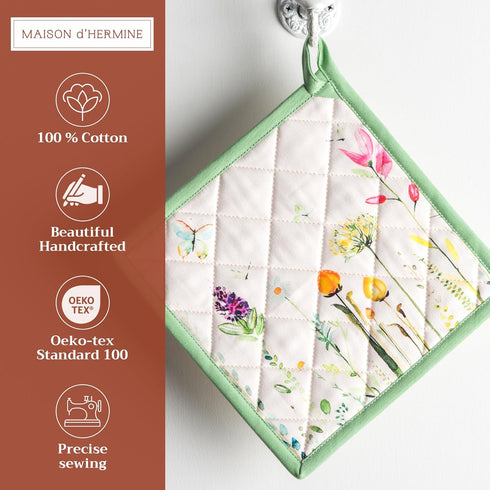 Maison d' Hermine Pot Holders set 100% Cotton Heat Resistant Potholders 8" x 8" Hot Pads with Loop BBQ, Cooking, Baking, Grilling, Kitchen, Handli...