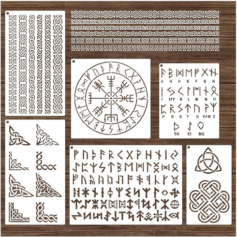 Runes Stencils for Painting on Wood Stones Reusable Celtic Border Ancient Alphabet Viking Symbol Stencils for Crafts Canvas Furniture Wall Drawing...