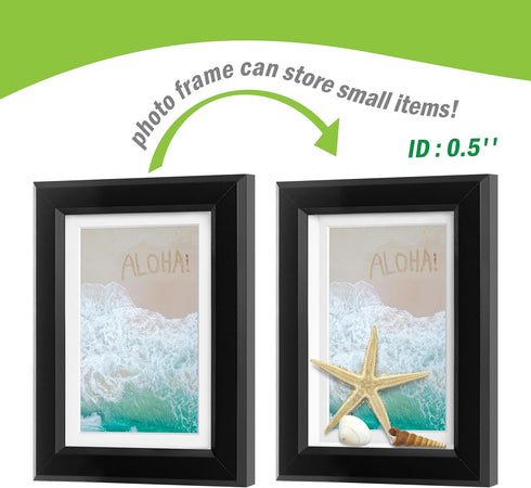 FrameWorks 2-Pack 1 3/8" Thick Black Wooden Shadow Box Picture Frames 4” x 6” with Removable White Mat to 3.5" x 5" Photo...