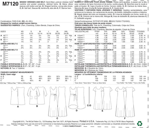 McCall's Patterns M7120 Misses' Dresses & Belt, Size ZZ (LRG-XLG-XXL)...