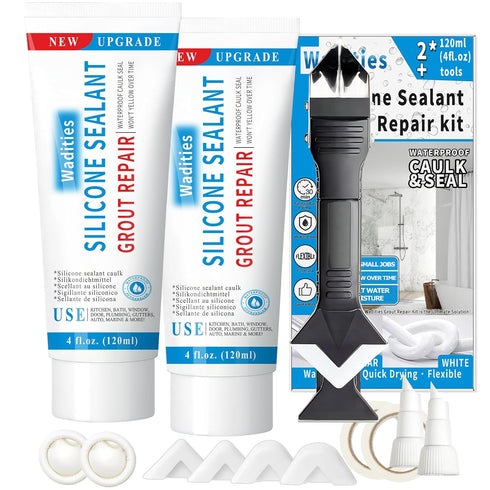 8Oz White Waterproof Caulk & Seal Silicone Sealant, Wadities Tile Grout Repair Kit with Grout Remove Scraper, Shrink & Crack Proof for Bathroom, S...
