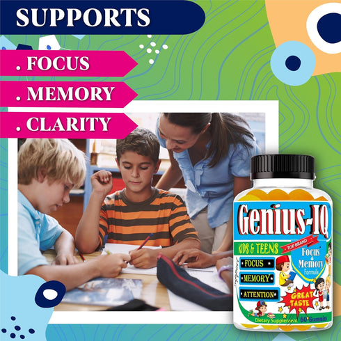 Genius IQ Kids Brain Supplements for Memory and Focus Omega 3-6-9, EPA DHA Gummy Vitamins, Brain Booster Calm Gummies,Supports Concentration, Clar...
