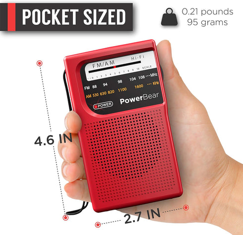 PowerBear Portable Radio | AM/FM, 2AA Battery Operated with Long Range Reception for Indoor, Outdoor & Emergency Use | Radio with Speaker & Headph...