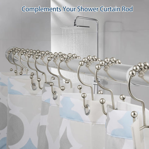 DAWNER Shower Curtain Hooks, Rust Proof Metal Easy Glide Double Rings, Stainless Steel Hangers for Bathroom Curtains, Set of 12, Brushed Nickel...