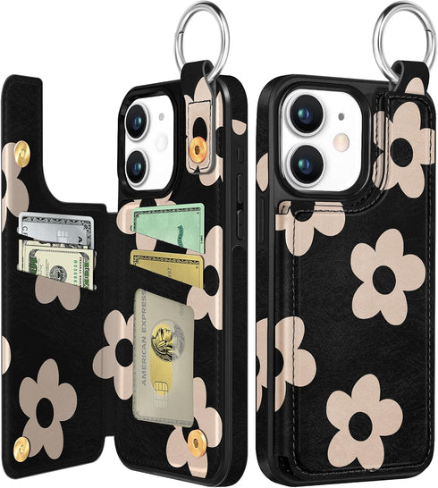 Shorogyt for iPhone 12 Wallet Case with Card Holder, Designer Black Flower Pattern Kickstand Magnetic Clasp Back Flip Folio Leather Phone Cases fo...
