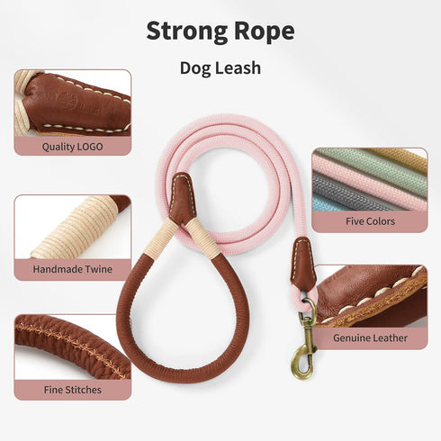 Mile High Life Dog Leash | Strong Rope Dog Leash w Premium Leather Tailor Handle | 5 Feet Dog Leash w Heavy Duty Clasp | Pink Rope Leash for Small...
