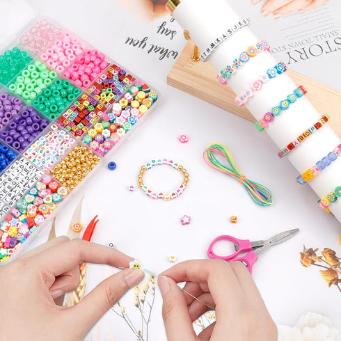 GMMA 1000 PCS Various Pony Beads Kit for Bracelet with Storage Box, Clay Flower Beads for Friendship Bracelets, Crystal Thread, Elastic String, Le...