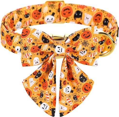 ARING PET Dog Collar, Halloween Dog Collar with Detachable Bow Tie, Adjustable Ghost Pumpkin Bowtie Dog Collar with Metal Buckle...