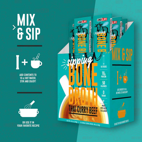 LonoLife Thai Curry Beef Bone Broth Powder Mix | Grass-Fed, 10g Protein | Collagen-Rich, Keto & Paleo Friendly | Natural Ingredients | 10 Portable...