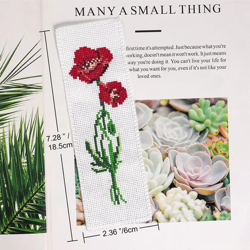 Caydo 3 Pieces Cross Stitch Bookmark Kits, DIY Stamped Embroidery Bookmark Kit for Beginner Flower Patterns 14 Count Crossstitch Projects for Book...