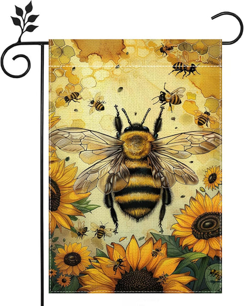 Summer Garden Flags, Bee Sunflower Garden Flag, 12x18 Inch Vertical Double Sided Burlap, Welcome Holiday Yard Lawn Flag, Outdoor Patio House Decor...