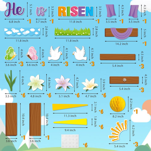 BeYumi 95Pcs Easter He is Risen Cross Bulletin Board Set Sun Honeycomb Jesus Resurrection Cross Lily Cutouts Trim Border Christian Religious Bible...