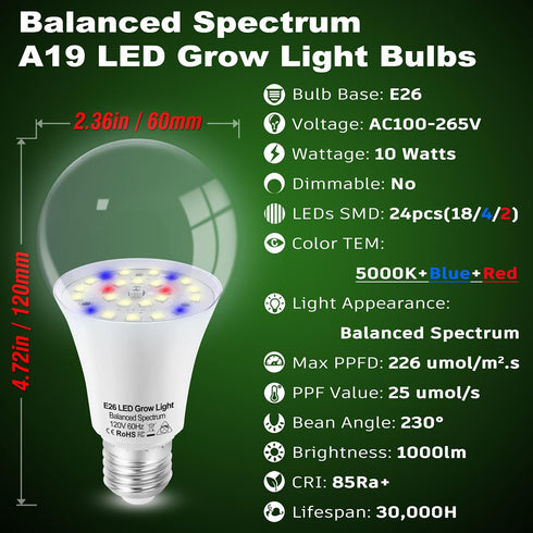 Grow Light Bulbs for Indoor Plants Full Spectrum E26 A19 10W,Grow LED Light Bulb with Balanced Spectrum 5000K-Blue-Red for Seeds Greens Laboratory...