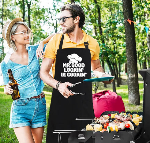 Funny Chef Aprons for Men - Mr.Good Lookin' is Cookin' - Men’s Funny Kitchen Cooking Grilling BBQ Aprons with 2 Pockets - Birthday Father’s Day Ch...