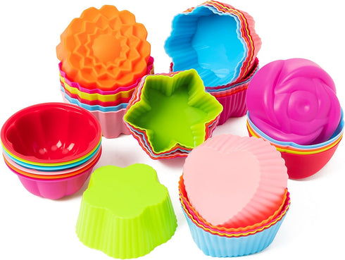 R HORSE 42 Pack Silicone Cupcake Molds Multi Flower-Shaped Baking Cups Non-Stick Cupcake Wrappers Holders Washable Cake Cups Liners Mold for Pan O...