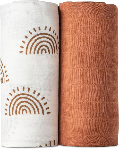 2 Pack Muslin Swaddle Blankets (Terracotta), 100% Organic Cotton, Large 47 x 43, Newborn Recieving Blanket,Gender Nuetral Color Patterns, Burping ...