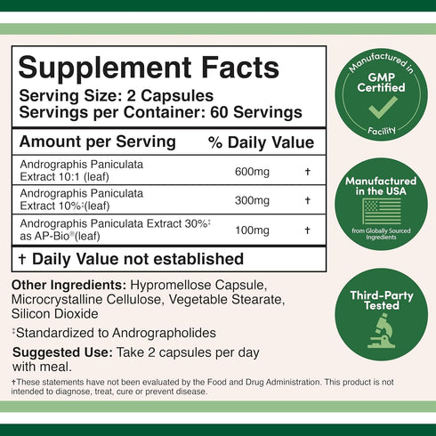 Andrographis Capsules Max Andrographides - 1,000mg Serving Size (120 Capsules) with AP-Bio (Patented Andrographis Paniculata Extract) - Clinically...