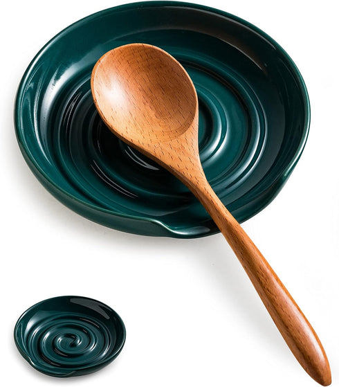 Spoon Rest, Porcelain Spoon Holer with Drip Tray, for Multiple Utensils, Heat-Resistant, Ceramic Spoon Rest for Spoons, Ladles, Tongs, Dark Green...