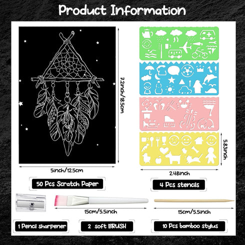 Noveread 67 Pcs Scratch Paper Art Set Scratchboard Craft Kits Black Coated Scratch Paper Wood Art Stylus and Stencils for DIY Birthday Party Gift ...