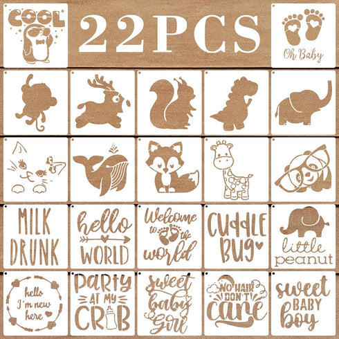 22 Pack 5 Inch Cute Baby Shower Stencils for Onesie Decorating Kit, Small Animals Template Reusable Mixed Phrase Painting Stencils for Boy Girl Ba...