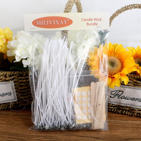 MILIVIXAY 100PCS 8 inch Candle Wicks with 100 Metal Tabs, 100PCS Candle Wick Stickers and 6PCS Wooden Candle Wick Holders - Wicks Coated with Para...