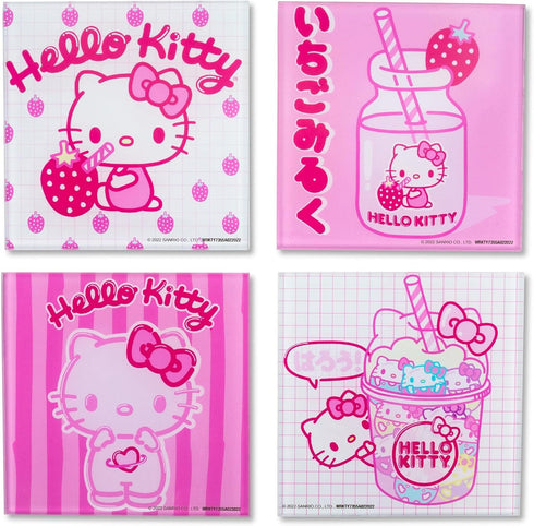 Sanrio Hello Kitty Strawberry Milk Glass Coasters for Drinks, Set of 4 | Tabletop Protection for Home Kitchen, Dining Room Table...