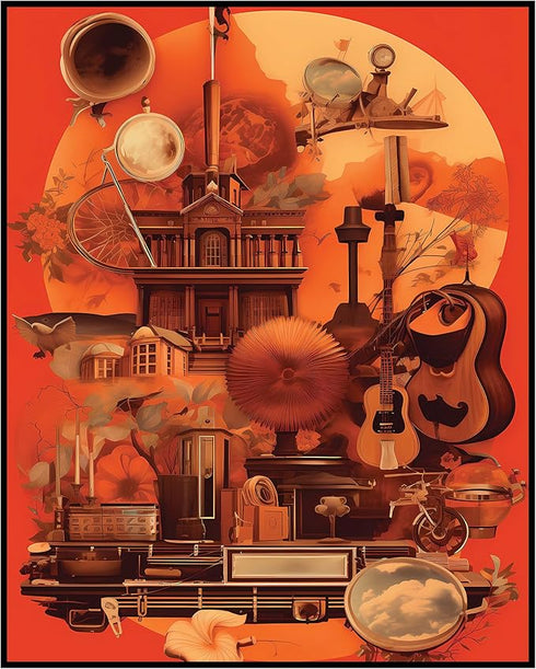 Posterizer 1 pcs-old timey instruments and buildings collage-Abstract & Modern Art-Floral & Botanical Art-Gift for Art Lovers-Decor for Home & Off...