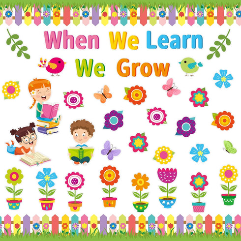 When We Learn We Grow Bulletin Cutouts Classroom Floral Bulletin Board Decor with Borders for Flower Themed Party School Window Home Supplies, 66 ...