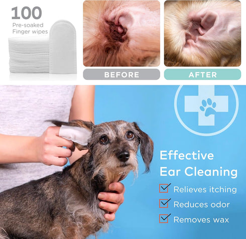 Dog Ear Cleaner Wipes - Cleanser for Dogs - Ear Itching, Dissolves Wax, Dirt & Odor with Coconut Oil & Aloe Vera (100 Finger Wipes)...