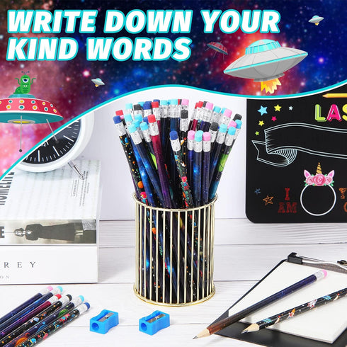 Geyee 36 Pcs Space Pencils for Kids Hawaiian Themed Party Favors Assorted Shark Pencils Novelty Wood Pencils Fun Designs Writing Pencils with Eras...
