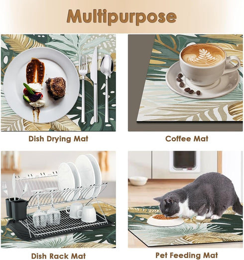 Tropical Leaves Gold Coffee Mat for Countertops, Green Palm Dish Drying Mat 2 Pcs for Kitchen Coffee Bar Accessories Fit Under Coffee Maker Espres...