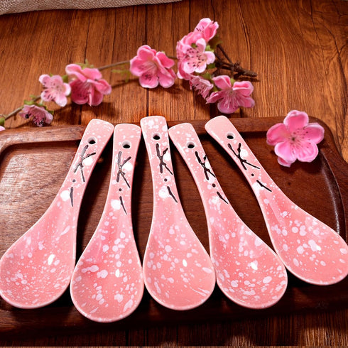Japanese Soup Spoons Set of 5, Pink Ceramic Spoon for Soup, Ramen, Pho, Gravy, Cake, Oatmeal, Chaos, Dumplings,Salad...