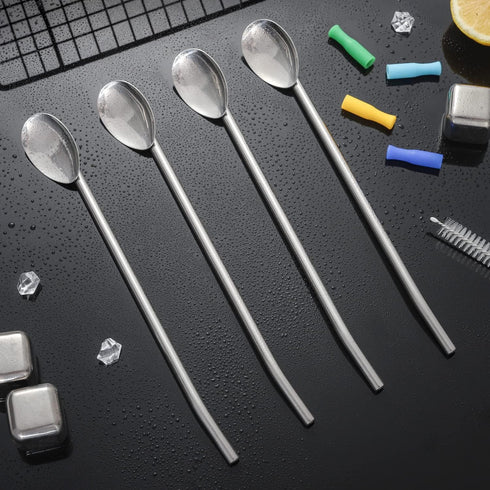 Ice Tea Spoons Long Stainless Steel Spoon Straw Bar Spoons Handle with Straw for Mixing Stirring Drinking...