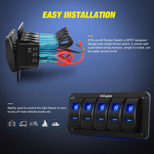 Nilight - 90110E 5 Gang Aluminum Rocker Switch Panel Toggle Dash 5 Pin ON/Off Pre-Wired Rocker Switch Blue Backlit Switch for Automotive Car Marin...