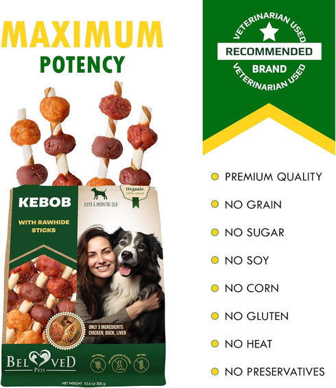 Kabobs Dog Rawhide Treats with Duck & Chicken Human Grade Meat - All Natural Dried Snacks - Grain Free Long Lasting Chews for Large & Small Dogs -...