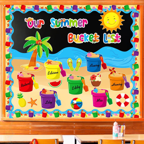 57 Pcs Summer Bulletin Board Decorations Set Our Summer Bucket List Classroom Decor Hawaii Sun Beach Bucket Paper Cutouts with Borders for Home Sc...