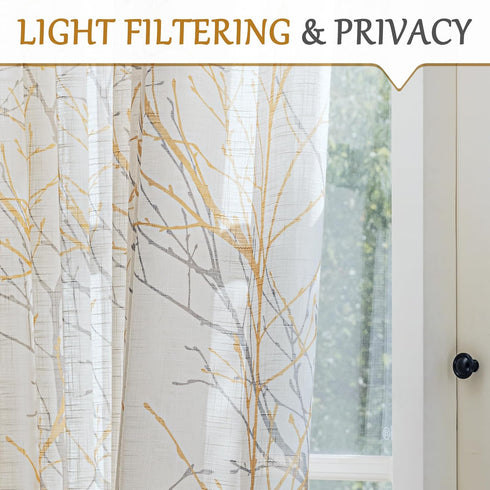 FMFUNCTEX Sheer Sidelight Front Door Curtains 40 Inches Long White Yellow Branch Tree Half Print Curtain for Patio Doors with Matching Tiebacks 24...
