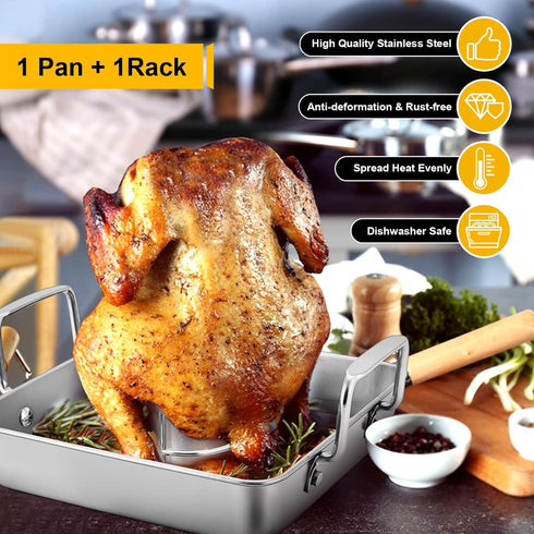 P&P CHEF Beer Can Chicken Holder with Roasting Pan Set, 9-inch Stainless Steel Square Baking Pan and Chicken Rack For Grilling, Heavy Duty & Dishw...