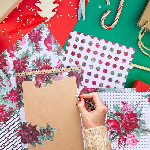 Double-Sided Christmas Scrapbook Paper, 12 Inch Poinsettia Berry Holly Pattern Paper Pad 24 Sheets Red Floral Decorative Craft Paper for Card Maki...