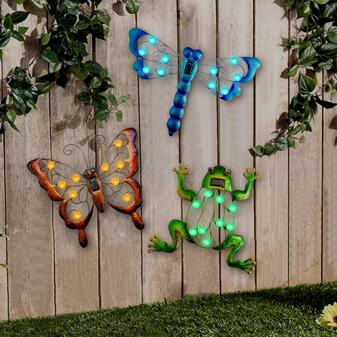 Outdoor Dragonfly Garden Décor, Metal Dragonfly Solar Lighted Wall Art Décor, Dragonfly Yard Art Dragonfly Sculpture Lamp for Fence Patio...
